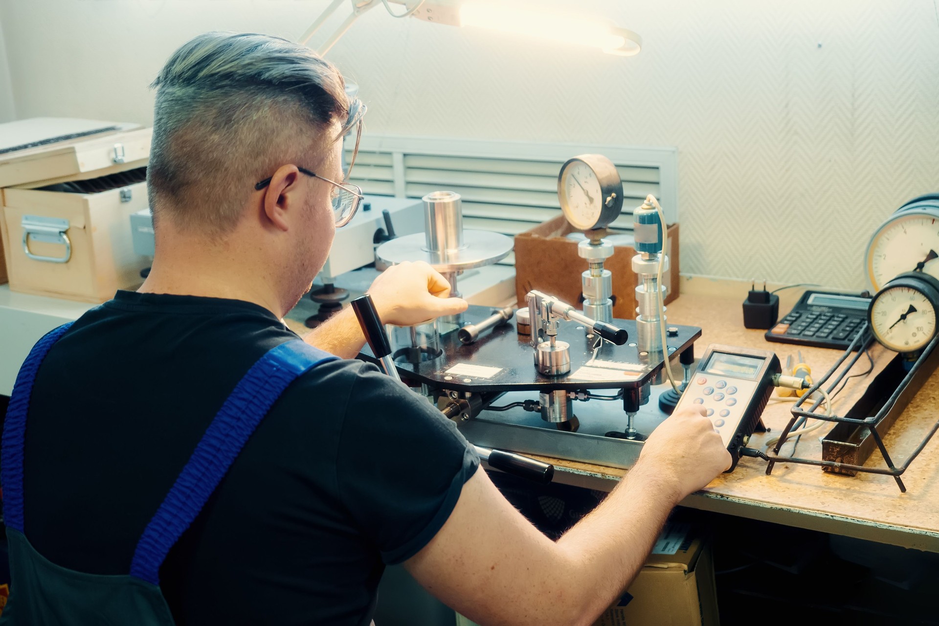 Professional calibration of pressure gauges and sensors. Working man is engaged in verification of control and measuring devices at workplace.